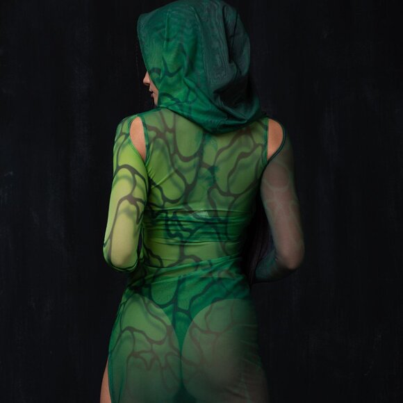 Badinka Acid Rain Green Mesh Hooded Dress Medium - Picture 2 of 8